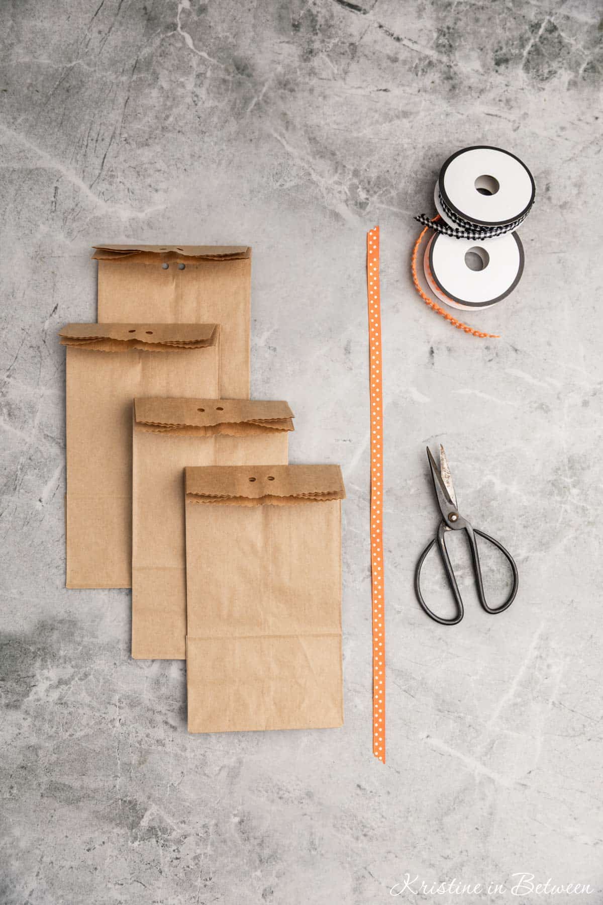 Brown paper bags laying next to ribbon and a pair of old scissors.