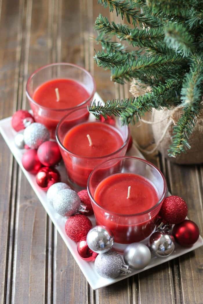 Quick and easy holiday candle centerpiece. So easy even the kids can help!