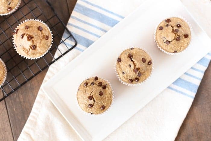 Whole food peanut butter chocolate chip blender muffins! They're perfect for breakfast or snack time and have no refined sugar! The cleanup is a snap!