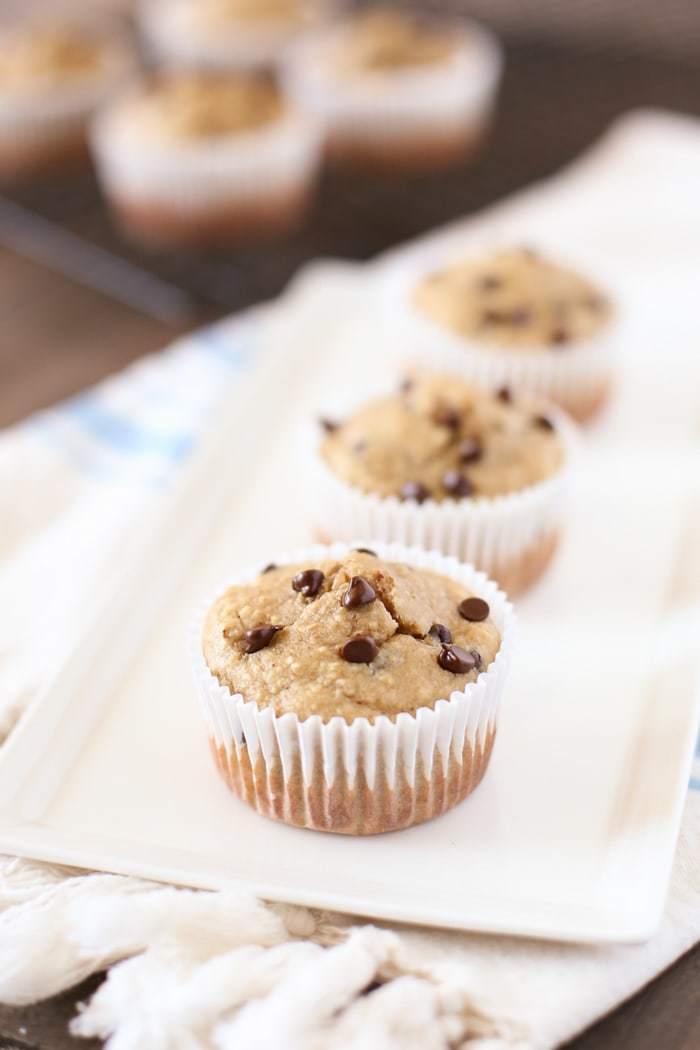 Whole food peanut butter chocolate chip blender muffins! They're perfect for breakfast or snack time and have no refined sugar! The cleanup is a snap!