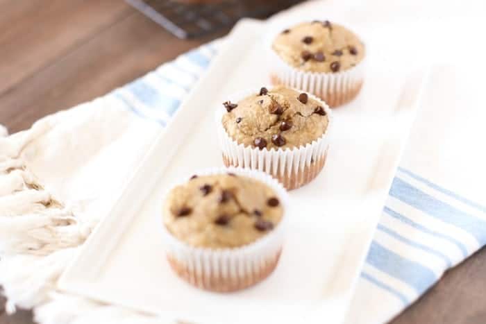 Whole food peanut butter chocolate chip blender muffins! They're perfect for breakfast or snack time and have no refined sugar! The cleanup is a snap!