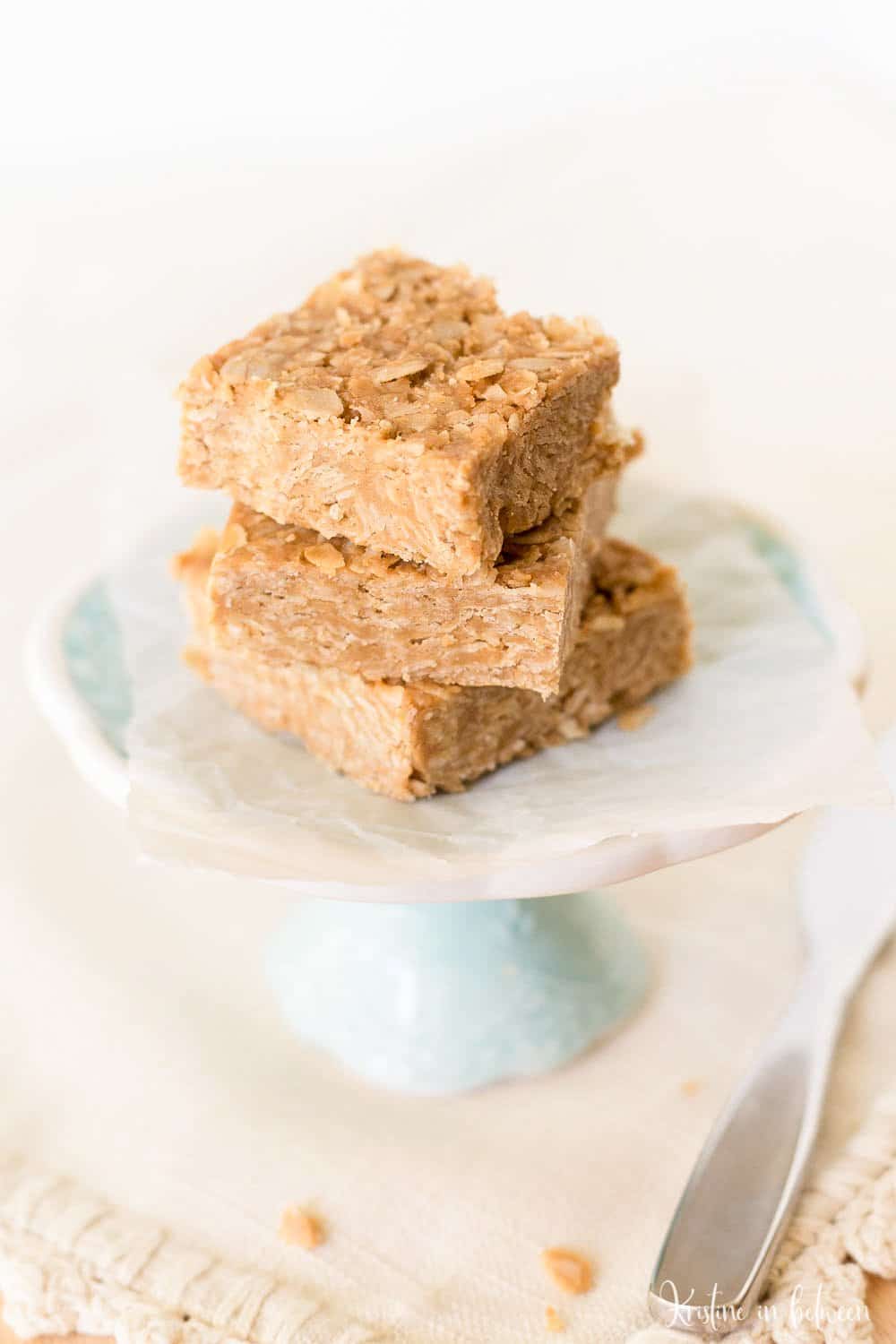 Three ingredient peanut butter oat bars made with real food ingredients and no refined sugar! They are a perfect snack!