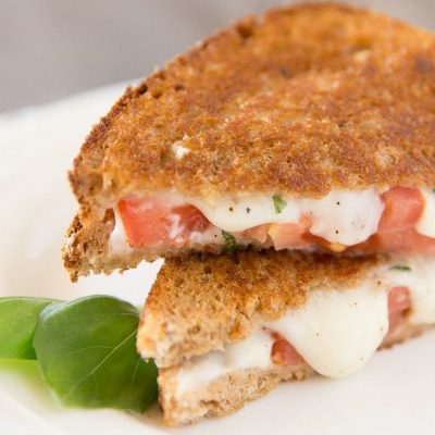 A grilled caprese sandwich sitting on a white plate with a basil leaf.