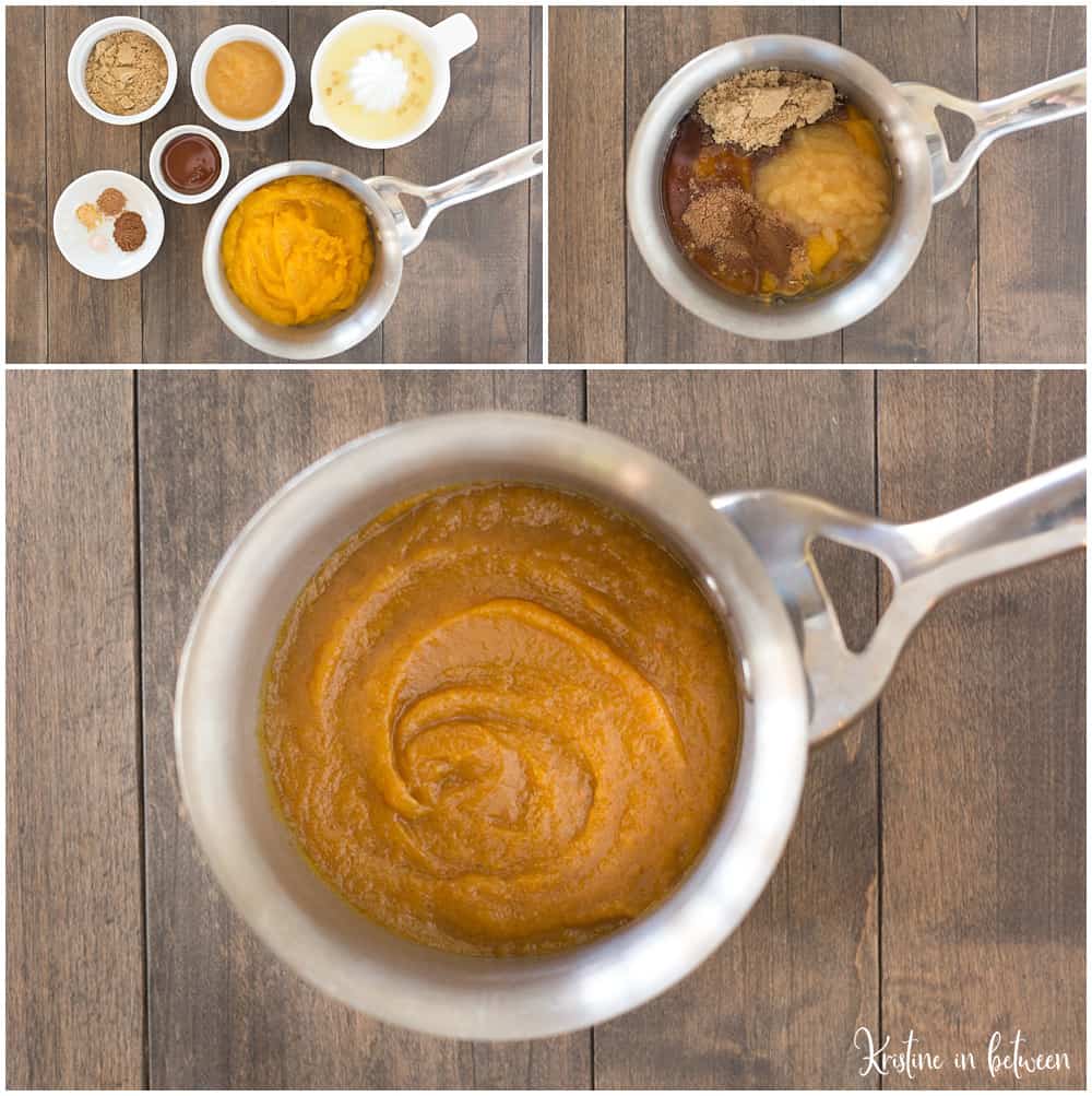 Pumpkin puree in a saucepan with ingredients to make pumpkin butter.