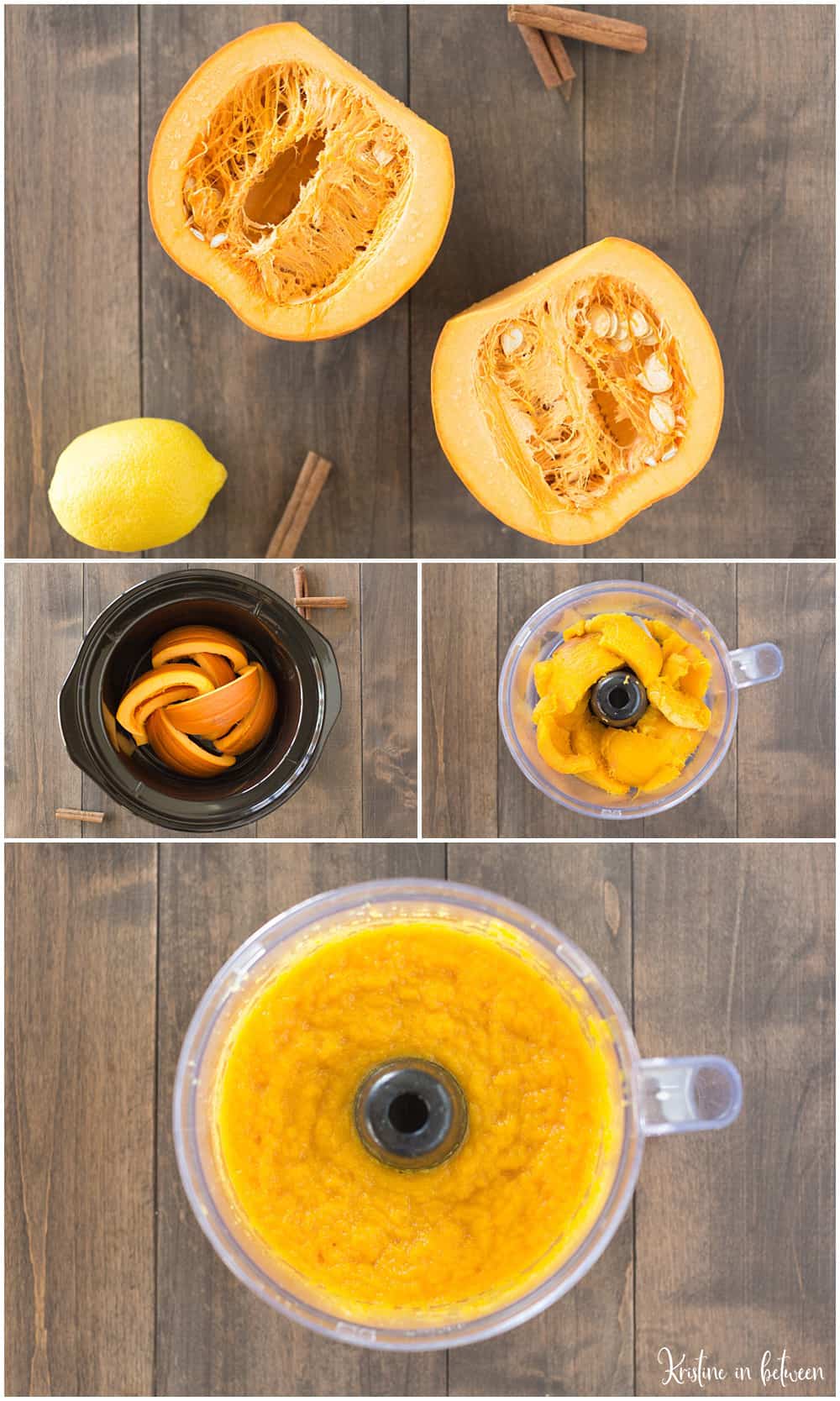 A pumpkin cut in half ready for cooking to make pumpkin butter.