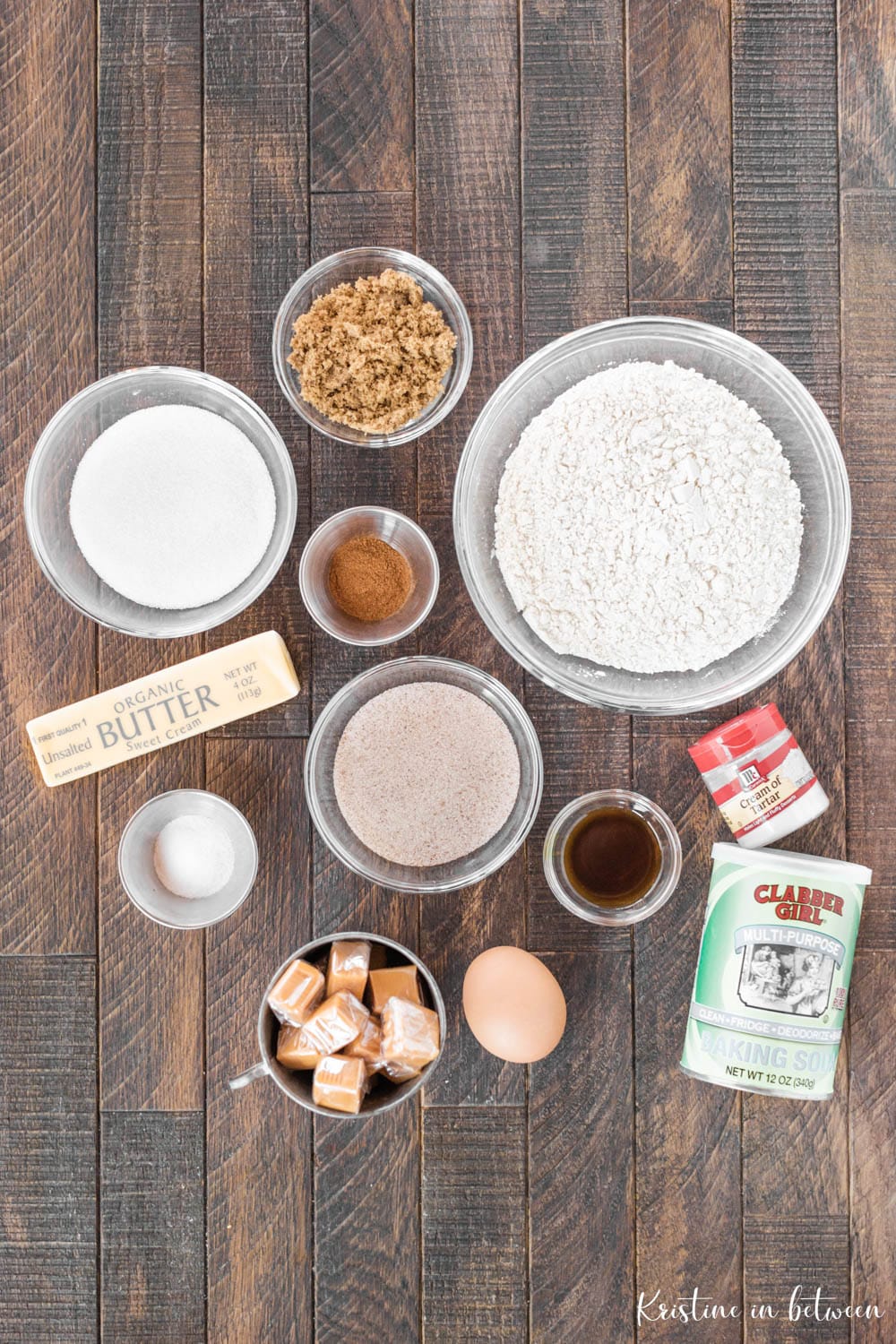 The ingredients needed to make caramel snickerdoodle cookies.