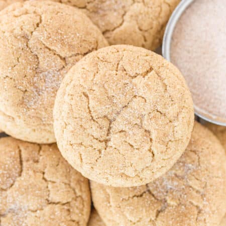 Cookies piled up on a wire rack with a small bowl of cinnamon and sugar.