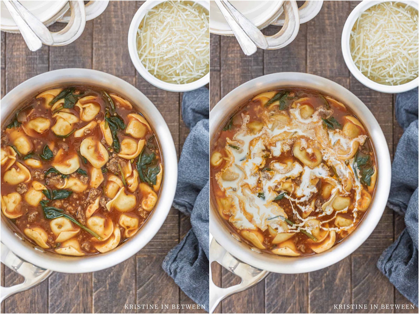 Sausage tortellini soup in a pot with a blue napkin laying next to it.