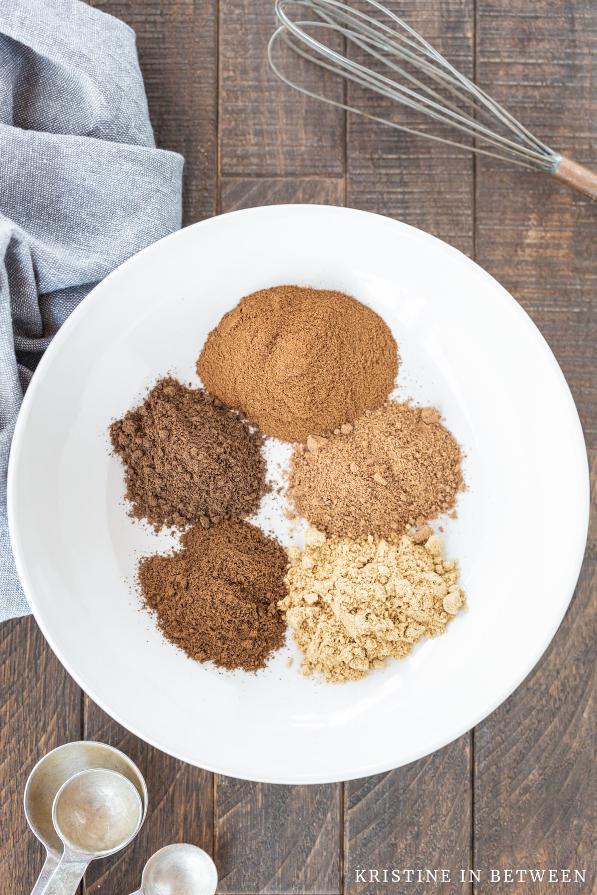 Five spices portioned out on a white plate with a whisk laying in the background.