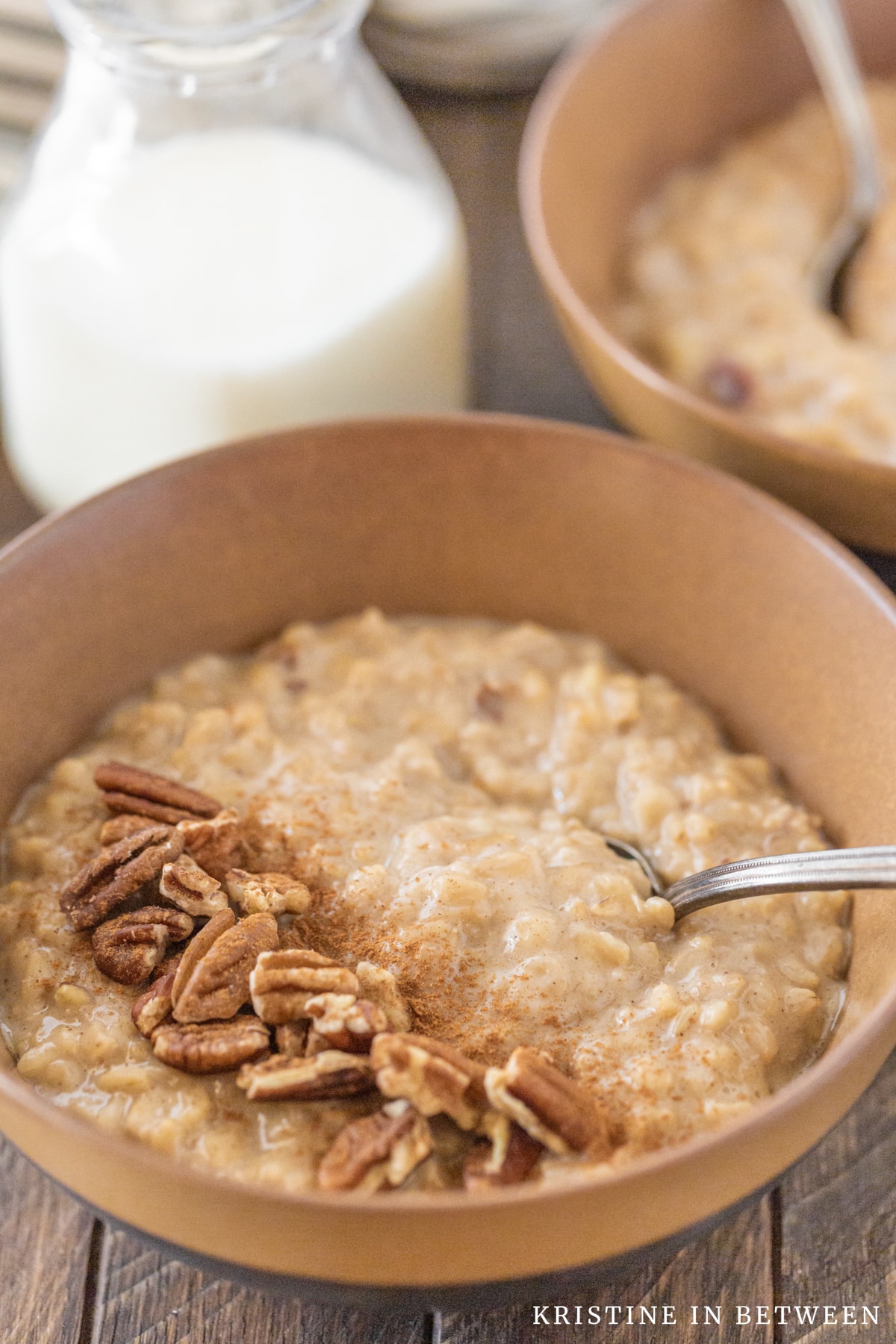 A bowl of oatmeal with a spoon in it, topped with chopped pecans and cinnamon.