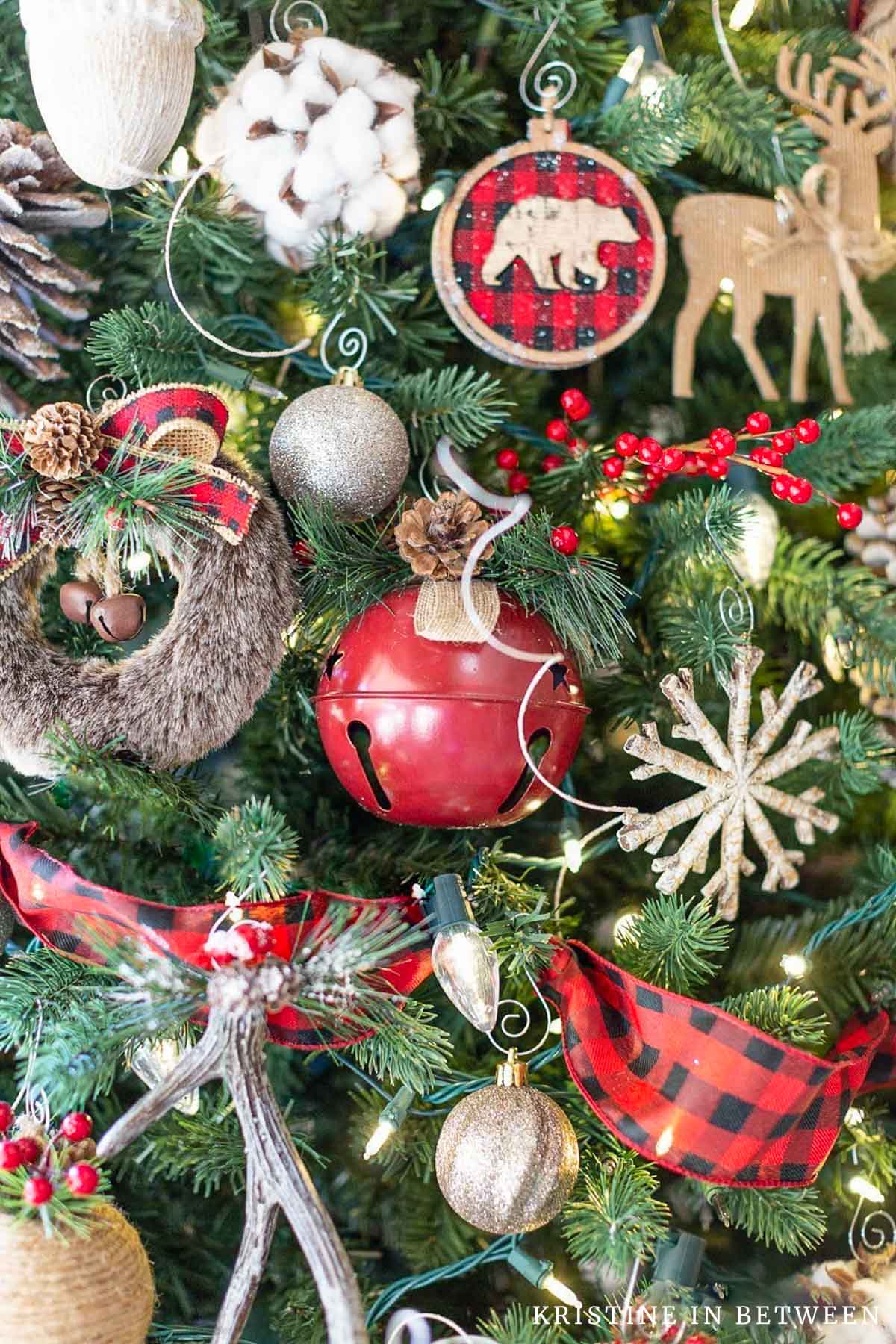 Rustic ornaments on a Christmas tree.