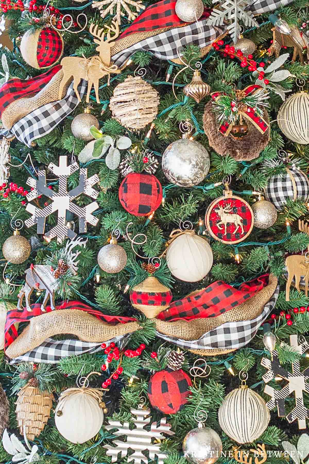 Buffalo check, black, and white, and burlap Christmas tree.