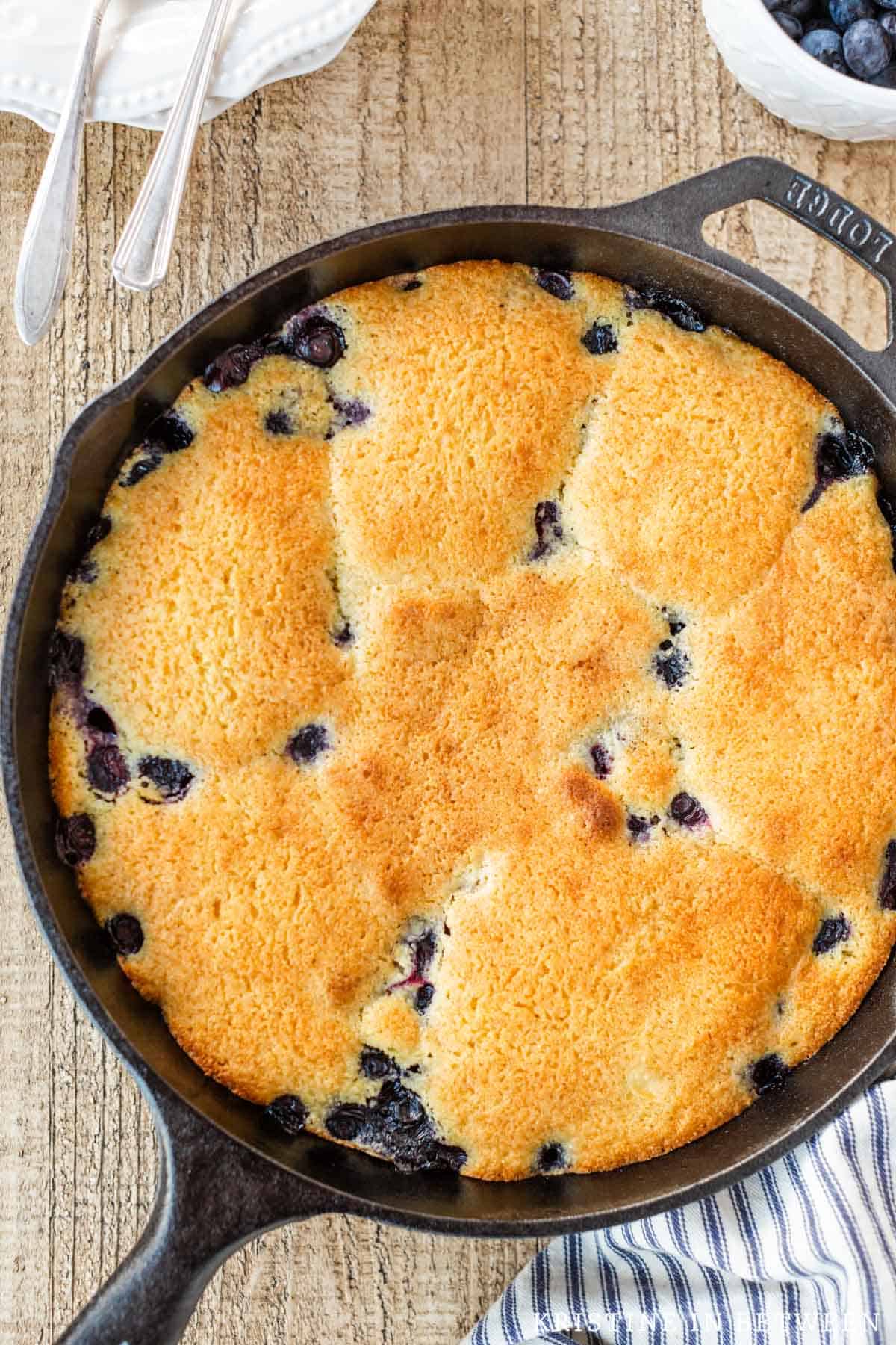 Baked blueberry cornmeal cake in a cast iron skillet with blueberries in the background.