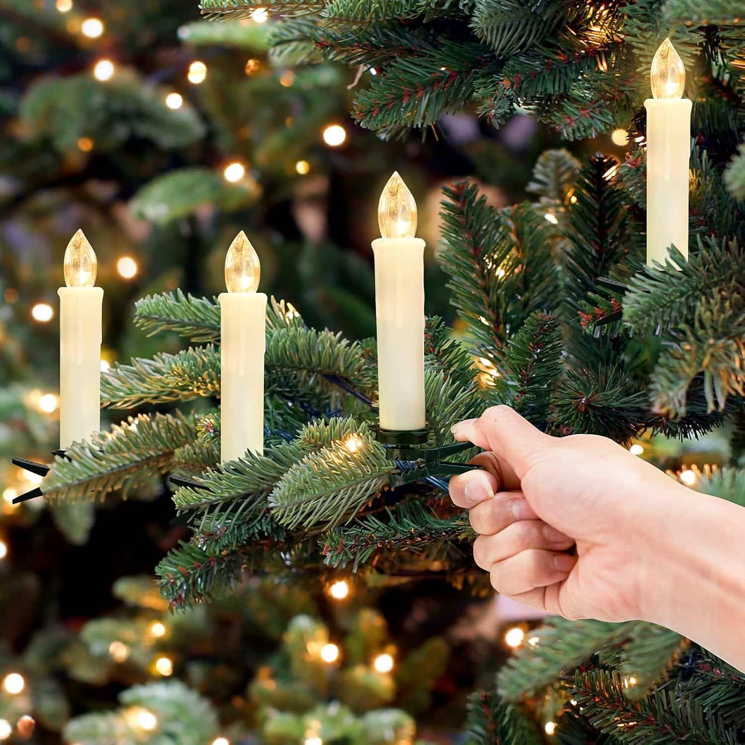 Battery operated flickering, clip-in tree candles.