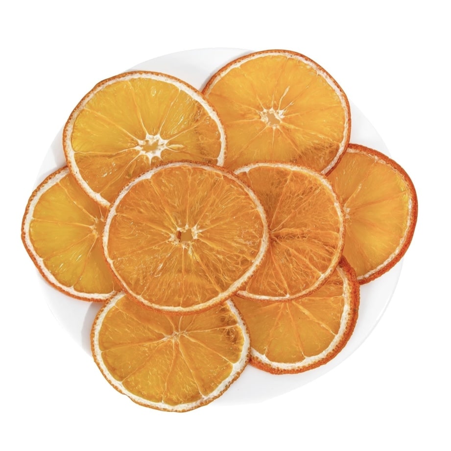 Dried oranges laid out so you can see the shape and color.