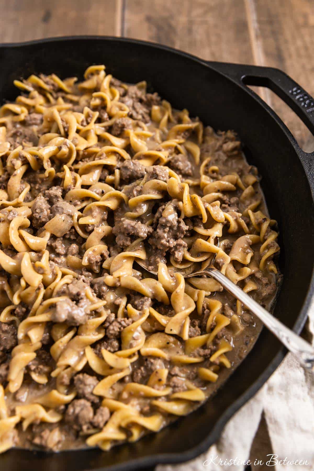 A skillet of beef stroganoff with egg noodles.